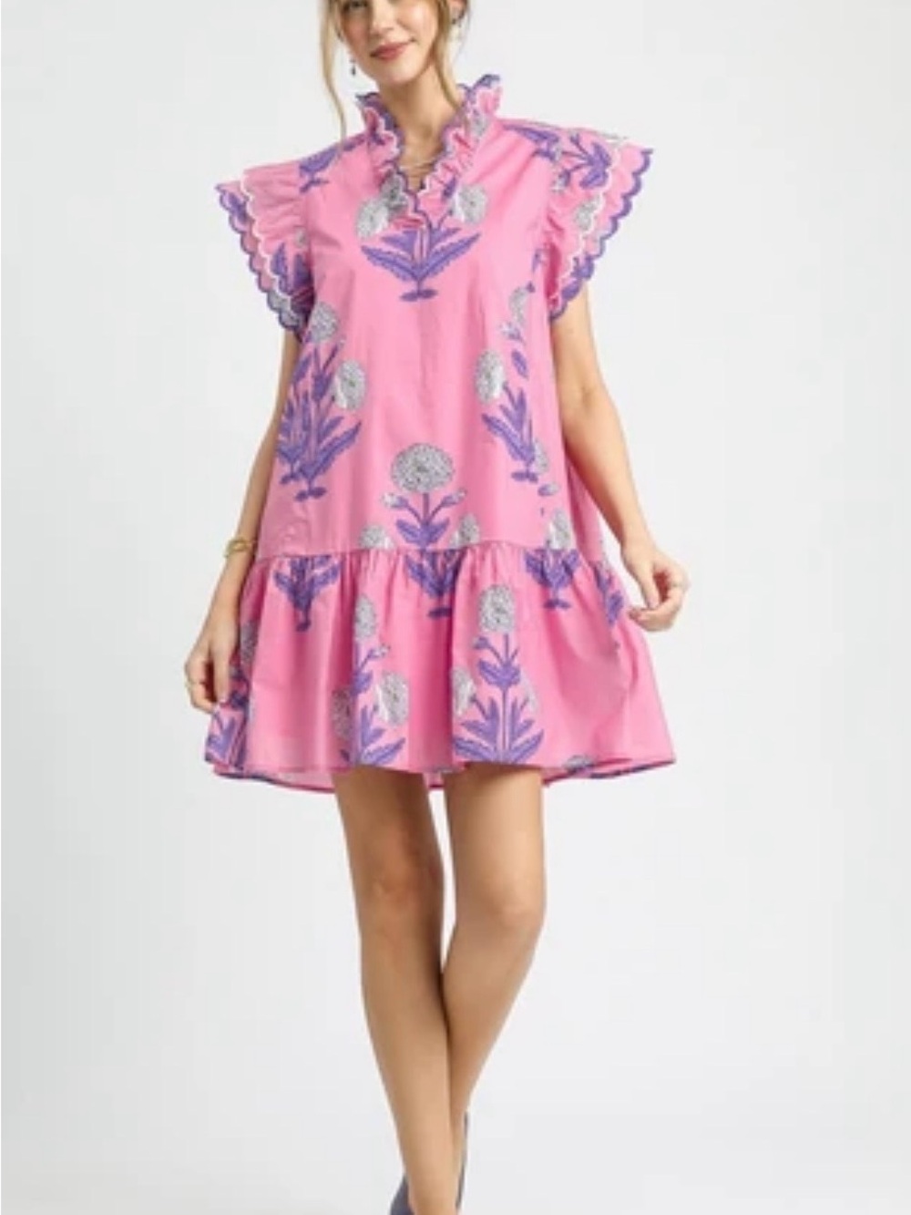 Umgee Bold Floral Print Mini Dress in Pink Mix, Collard, Size Large, Pockets - Picture 4 of 4